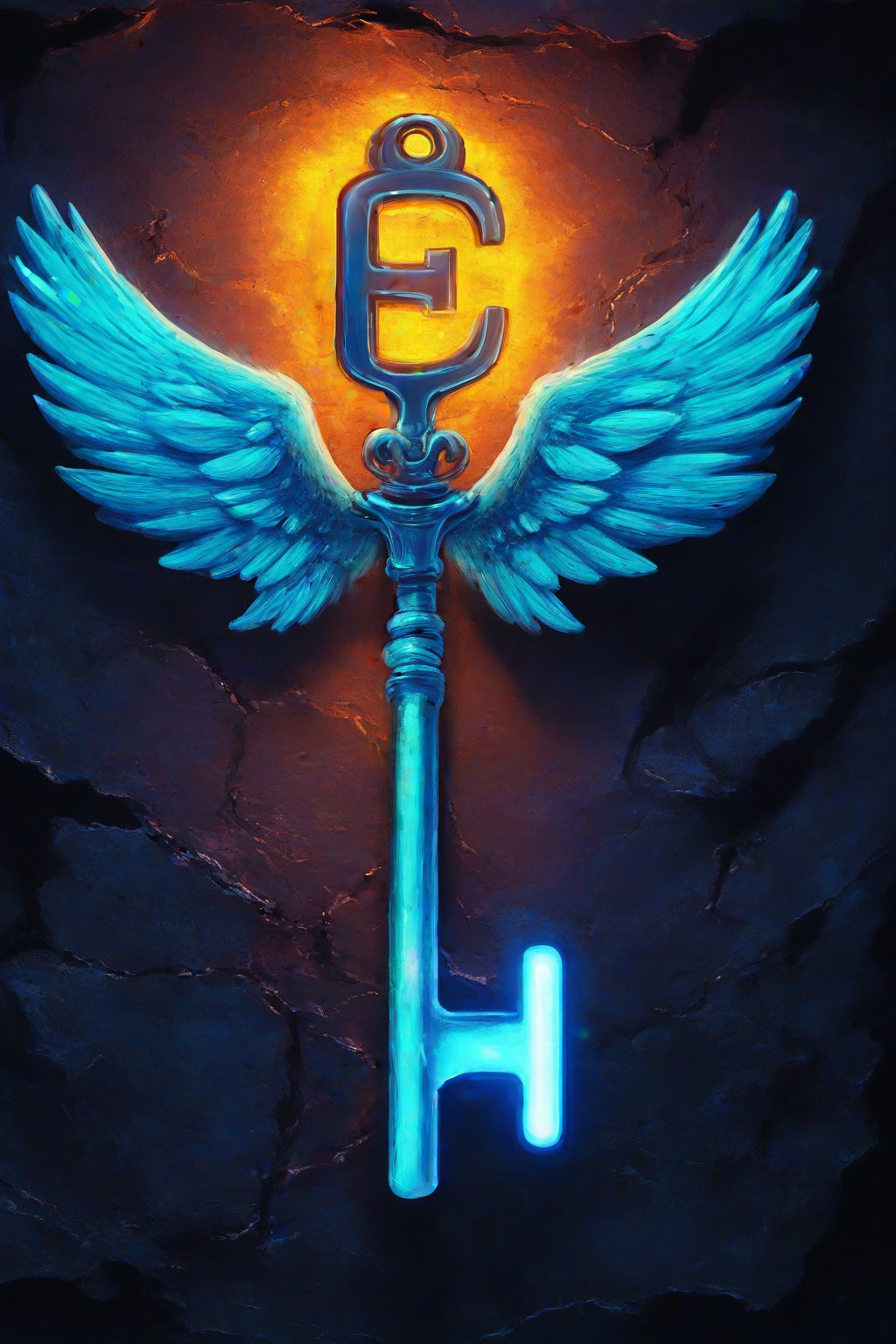 A winged key is placed on the wall of an underground cave. The key has colors that represent love and passion, in a digital art style with fantasy elements and a cartoon-like illustration. The digital painting is detailed and high-resolution, set against a dark background with vibrant, glowing colors. The winged key combines blue hues to create a magical atmosphere. In front, there is text "E" written in gold letters