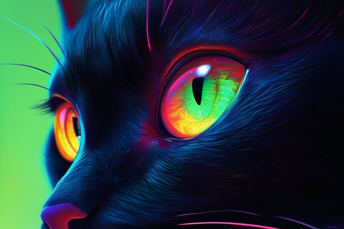 A close-up of the eye and nose of an iridescent black cat, in the style of digital art, with a dark green background, a rainbow color gradient in the eyes, hyper-realistic animal illustrations, bright colors, high resolution, detailed fur textures, cinematic lighting, glowing highlights, fantasy artwork, and glowing neon lights.