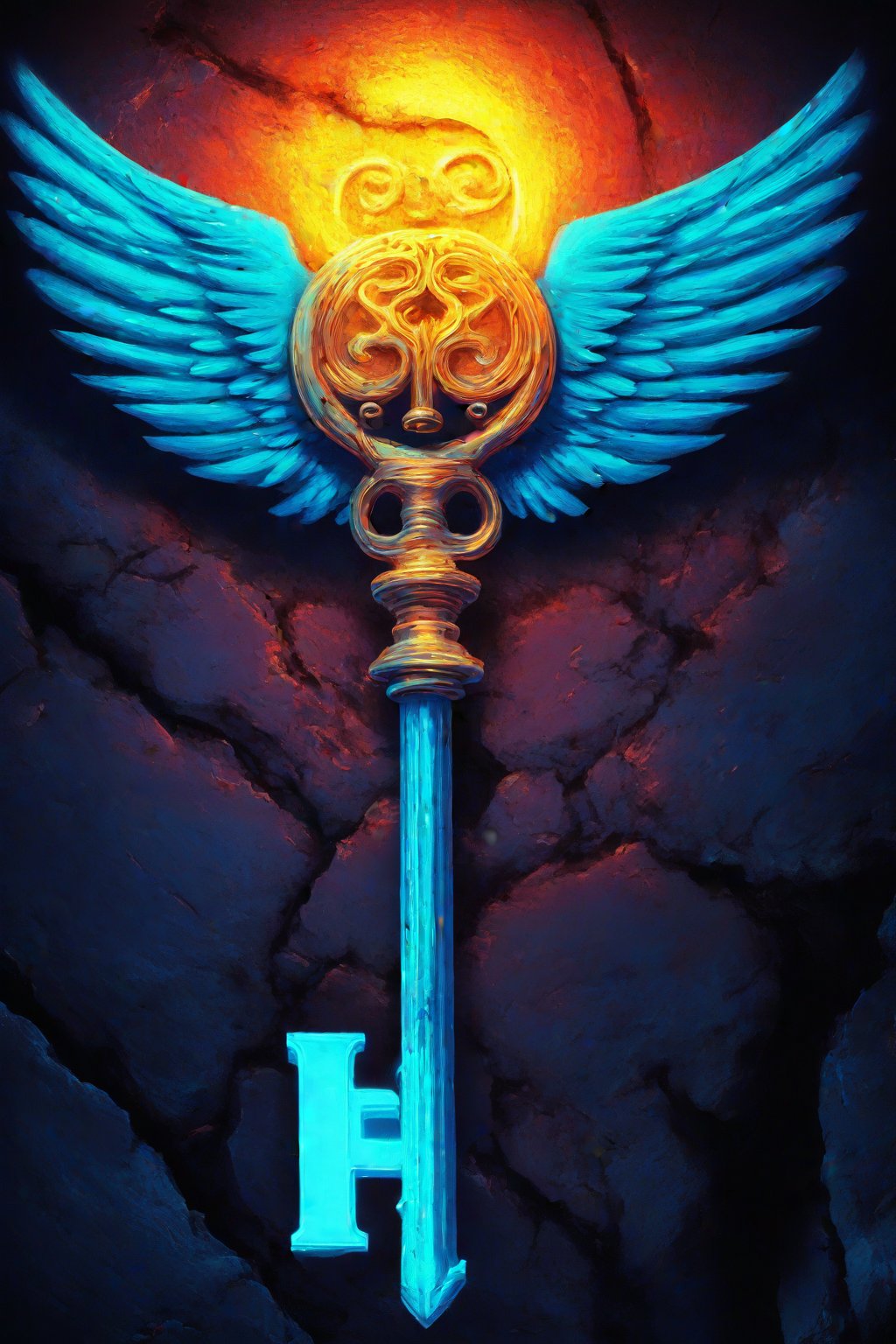 A winged key is placed on the wall of an underground cave. The key has colors that represent love and passion, in a digital art style with fantasy elements and a cartoon-like illustration. The digital painting is detailed and high-resolution, set against a dark background with vibrant, glowing colors. The winged key combines blue hues to create a magical atmosphere. In front, there is text "E" written in gold letters