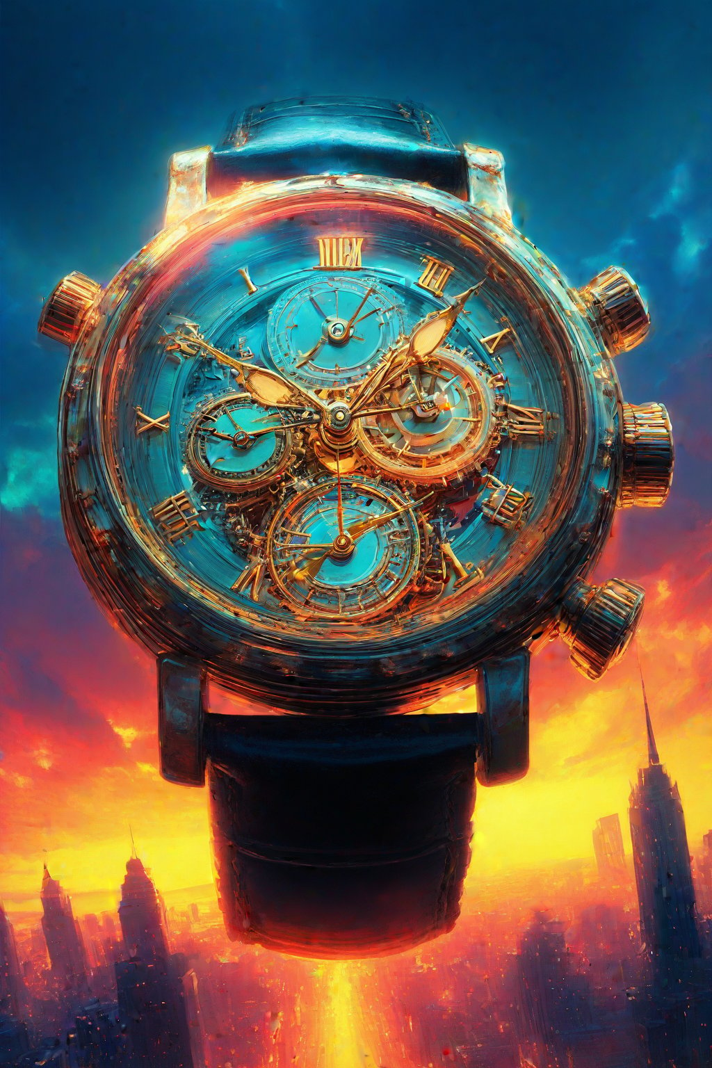 A watch with the time showing three o'clock, and it has an intricate mechanical design on its face, including gears, dials, hands, clouds, fire, neon lights, a cityscape in the background, in a hyper-realistic style, a fantasy illustration, with vibrant colors, detailed textures, dramatic lighting effects, high resolution, sharp focus, a cinematic composition, a dynamic angle, a bright blue sky, and a golden hour, creating a majestic atmosphere