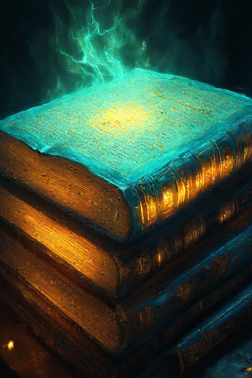 An open spellbook with glowing turquoise pages, in the style of fantasy art, fantasy book cover, book design, book title in golden letters at the top of one page, a stack of old books seen in the background, fantasy illustration, digital painting, high resolution, high contrast, high detail, hyper-realistic, volumetric lighting, fantasy concept art, ultra-detailed, hyper-realistic, cinematic, full-body portrait, zoomed out