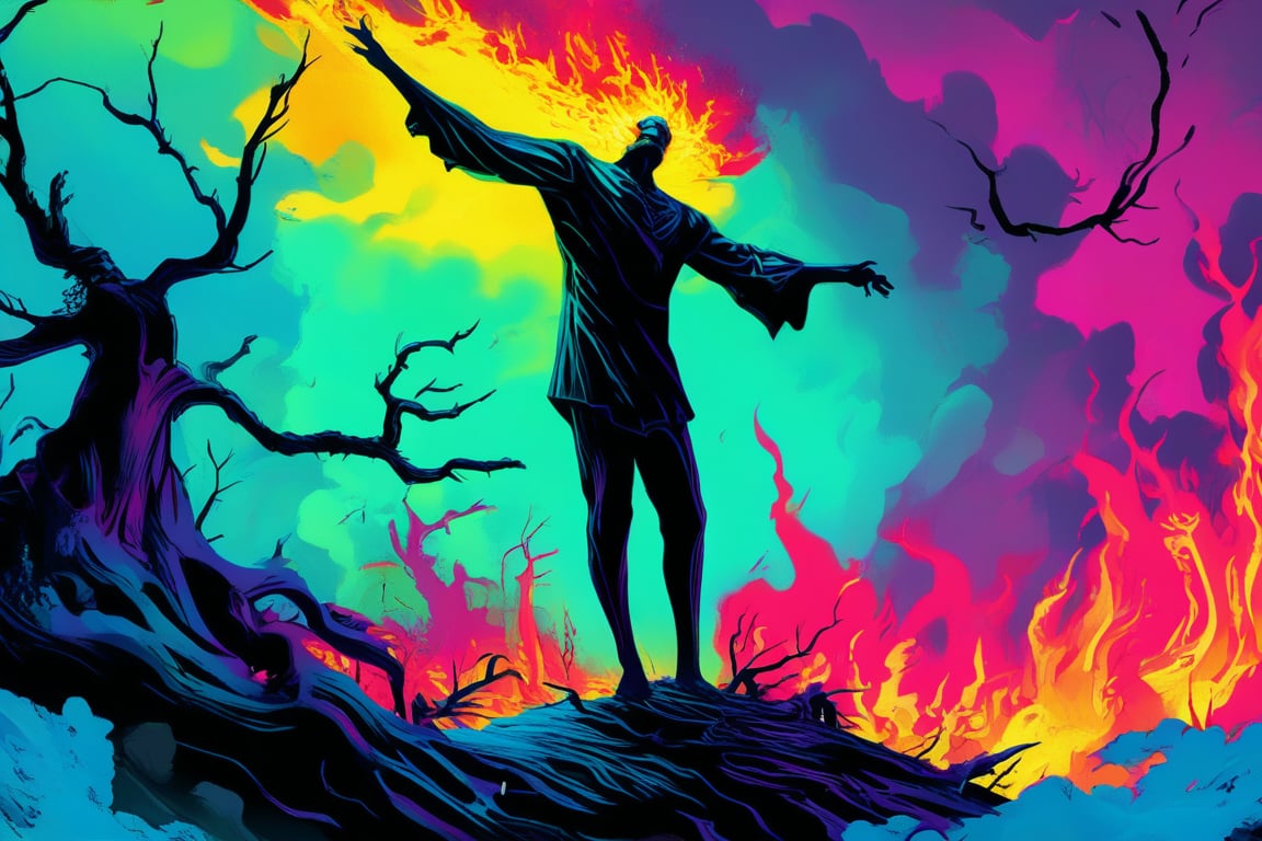 A colorful illustration of the man from hell, with flames in his hands and legs standing on top of an island surrounded by dead trees, a large black shadow is visible behind him, bright colors, vibrant neon color palette, digital art style, full body shot, wide angle, high resolution, high detail, high quality