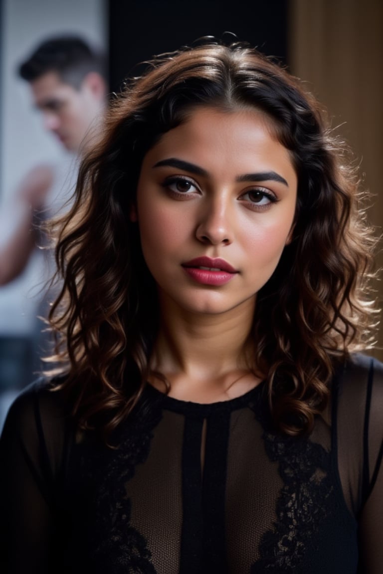  A young woman stands confidently against a movie poster backdrop, her gaze directed straight at the camera, exuding an air of confidence and allure, She wears a black top with a lace pattern, her features softly highlighted by even lighting, Off-center placement draws the viewer's eye towards her, while a subtle hint of a man in the background adds depth to the scene, The movie poster suggests a possible movie theater setting, 