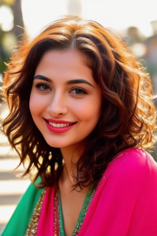 A vibrant close-up shot of the stunning 20-year-old model, face aglow under soft diffused lighting. Her radiant beauty shines, colorful hair. Makeup, smile face, full_body, fully_dressed, outside, wear pakistani shalwar kameez, show full body, high_heels