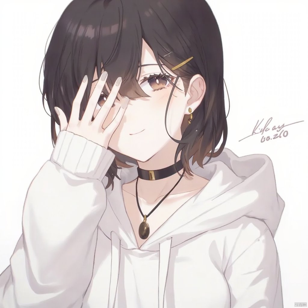 1girl, yajiang

dated, black hair, piercing, necklace, brown eyes, white hoodie, collarbone, hand over face, pendant choker, hood down, earrings, light smile, long sleeves, sleeves past fingers, stud earrings, twitter username, brown hair, looking at viewer, asymmetrical bangs, simple background, short hair, earclip, drawstring, blush, black choker, hoodie, choker, sleeves past wrists, smile, watermark, solo, artist name, hood, upper body, hand up, jewelry, signature, white background,

masterpiece, newest, absurdres, safe,