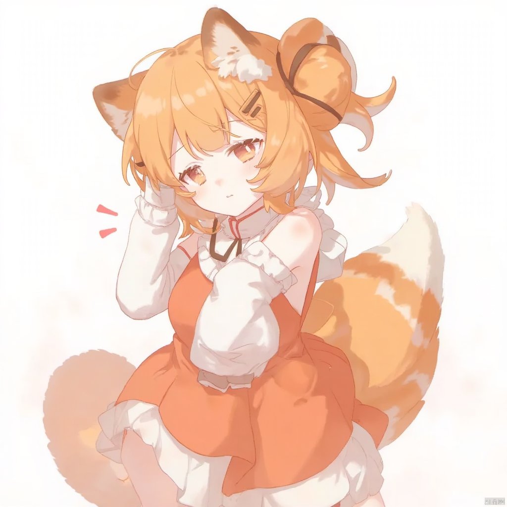 1girl, yajiang

hair bun, hand on own ear, animal ears, bare shoulders, white collar, collared dress, twintails, orange dress, sleeveless, red panda ears, tail, long hair, double bun, sleeveless dress, cropped legs, fur (clothing), china dress, hands up, gloves, red ascot, white dress, ascot, white background, sidelocks, looking down, simple background, chinese clothes, blush, earclip, furrowed brow, orange hair, collar, sweatdrop, raised eyebrow, red panda girl, elbow gloves, orange eyes, dress, bun cover, white gloves, solo, striped tail, upper body, :<, armpits,
masterpiece, newest, absurdres, safe,