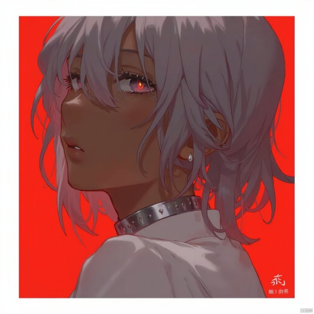 1girl, yajiang

expressionless, dutch angle, closed mouth, shirt, limited palette, dark skin, metal collar, collarbone, androgynous, lips, colored skin, grey hair, grey skin, bags under eyes, white theme, multicolored eyes, earrings, white border, red eyes, grey eyes, looking at viewer, eyelashes, simple background, short hair, drop earrings, red background, collar, tareme, portrait, red theme, border, dark-skinned female, solo, from side, black eyes, jewelry, heterochromia, loose hair strand, signature, close-up,
masterpiece, newest, absurdres, safe,