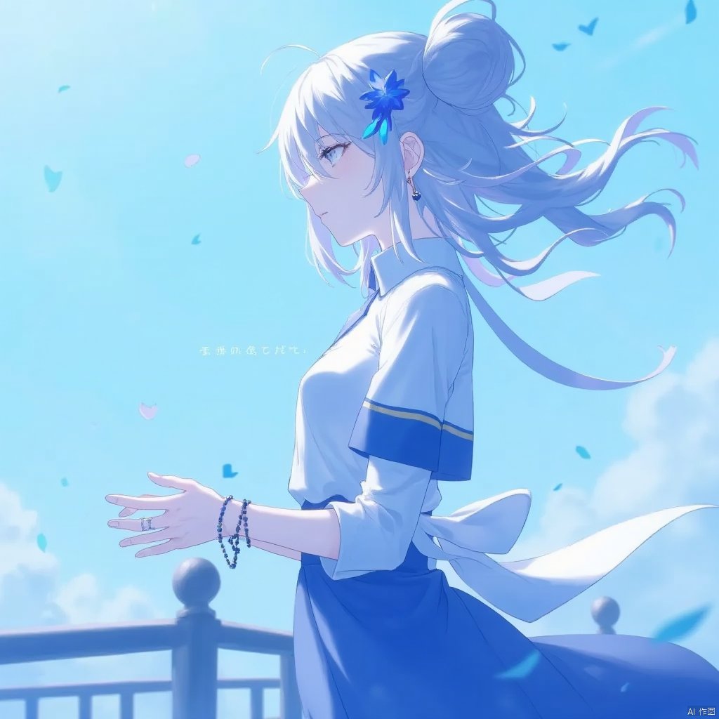 1girl, yajiang

hair bun, skirt, virtual youtuber, expressionless, ribbon, cowboy shot, closed mouth, short sleeves, shirt, dutch angle, blue shirt, sky, white ribbon, layered sleeves, flower, double bun, outdoors, grey hair, ring, blue flower, hair ornament, earrings, sleeve cuffs, grey eyes, floating hair, long sleeves, own hands together, short over long sleeves, sidelocks, white shirt, bangle, short hair with long locks, hair flower, profile, neck ribbon, looking ahead, shade, blue theme, solo, bracelet, medium bangs, blue sky, blue skirt, from side, long skirt, jewelry, petals, railing,

masterpiece, newest, absurdres, safe,