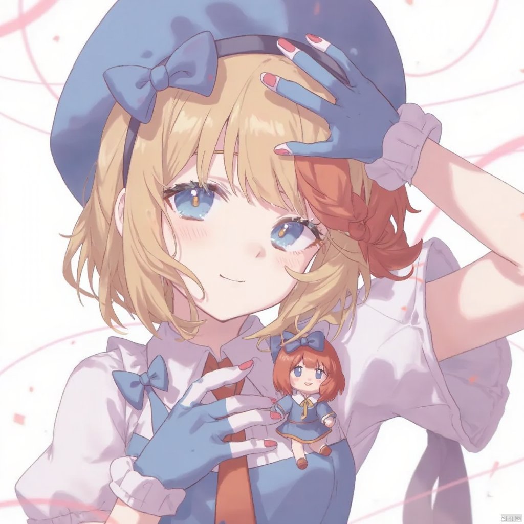 1girl, yajiang

blue dress, ribbon, fingernails, blonde hair, bob cut, serious, alternate color, lips, hat, red hair, hair bow, alternate costume, braid, gloves, french braid, colored eyelashes, eyelashes, blue eyes, looking at viewer, simple background, short hair, doll, hairband, hands, bow, mismatched eyelashes, necktie, crossover, hands on headwear, freckles, portrait, string, smile, dress, hand on own chest, solo, pale skin, green eyes,
masterpiece, newest, absurdres, safe,