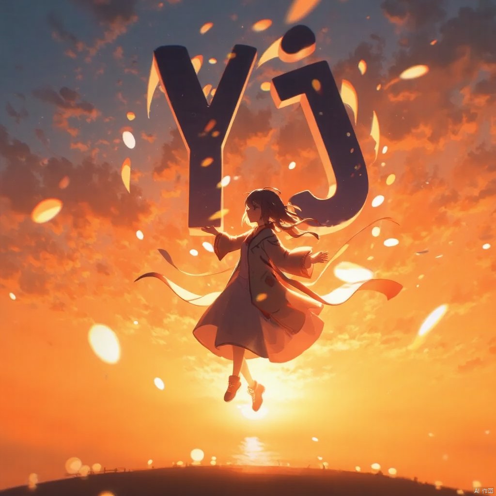 1girl, yajiang,"YJ flux" floats around the girl, who holds the letter "u" in it