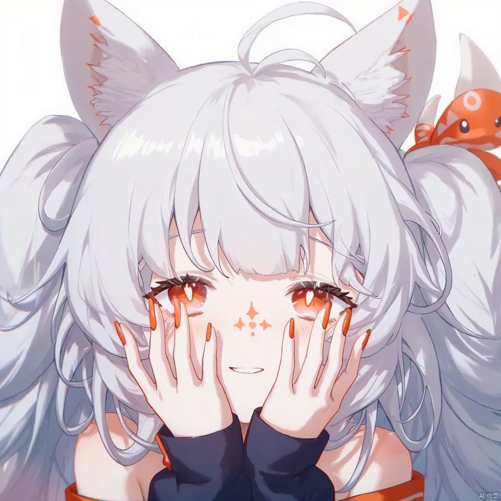 1girl, yajiang

facial mark, eyelashes, parted lips, fingernails, sleeves past wrists, slit pupils, upper body, animal ears, twintails, long fingernails, off shoulder, long eyelashes, long hair, hands up, long sleeves, white hair, bare shoulders, fang, orange eyes,
masterpiece, newest, absurdres, safe,