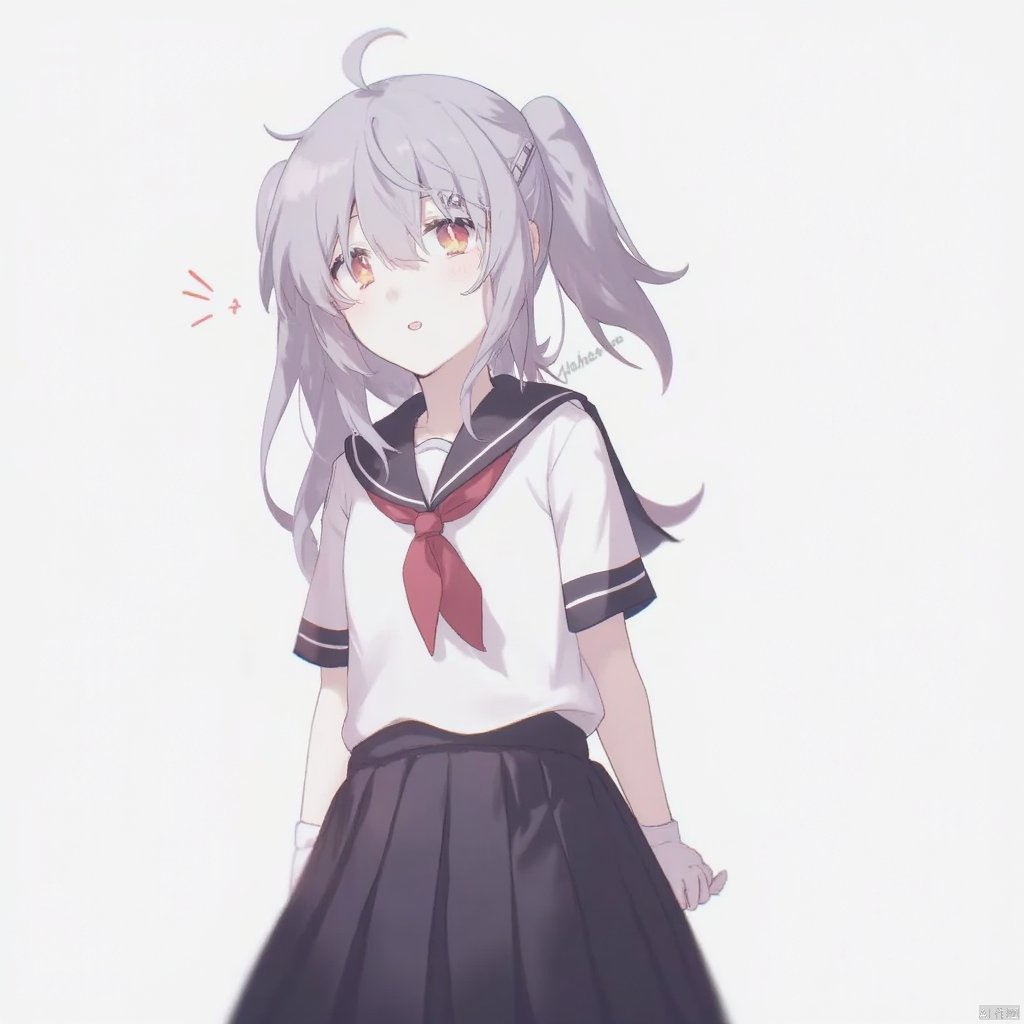 1girl, yajiang

skirt, short sleeves, dated, shirt, grey background, ahoge, hairclip, one-hour drawing challenge, :o, black skirt, long hair, yellow eyes, looking to the side, standing, grey hair, hair ornament, sailor shirt, hair between eyes, red eyes, pleated skirt, gloves, school uniform, twitter username, sweat, simple background, blush, black sailor collar, sweatdrop, breath, neckerchief, white gloves, solo, upper body, ponytail, open mouth, serafuku, sailor collar, red neckerchief,

masterpiece, newest, absurdres, safe,