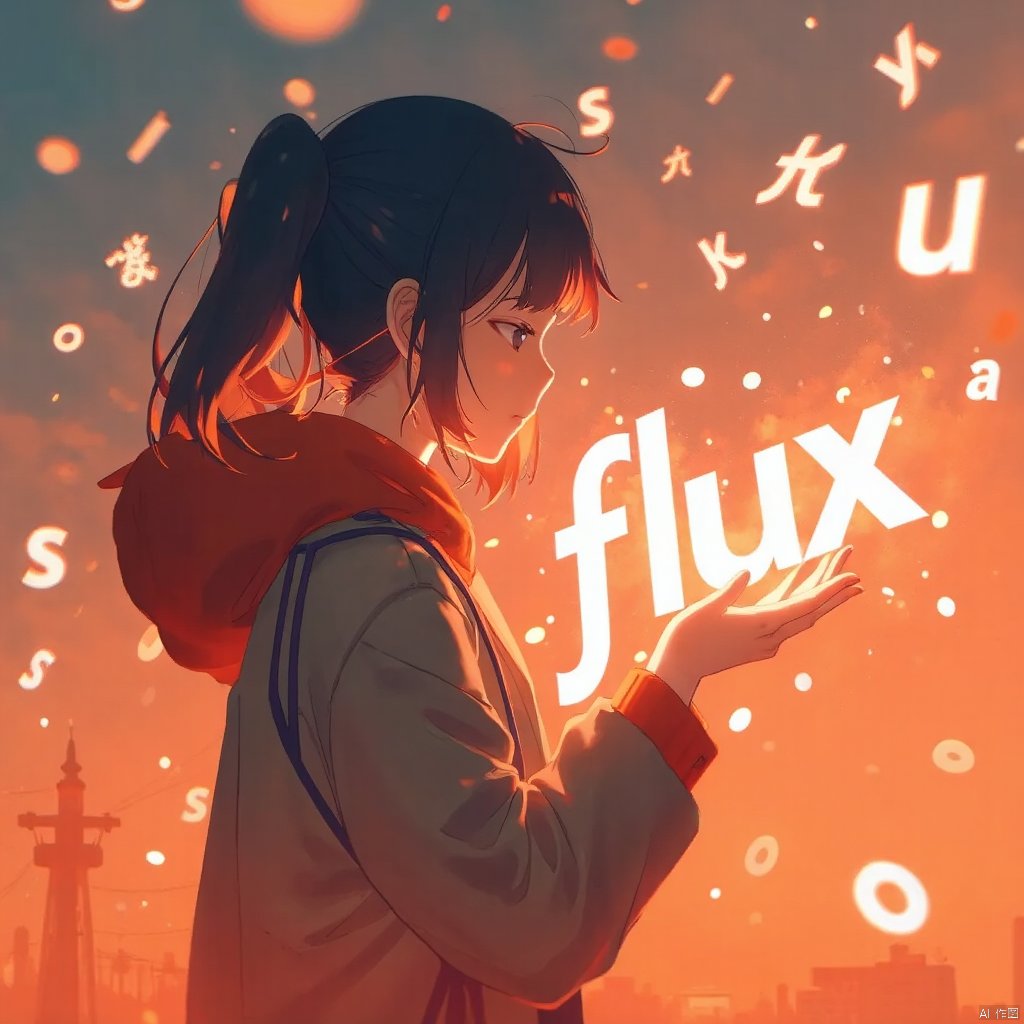 1girl, yajiang,A word "flux" floats around the girl, who holds the letter "u" in it