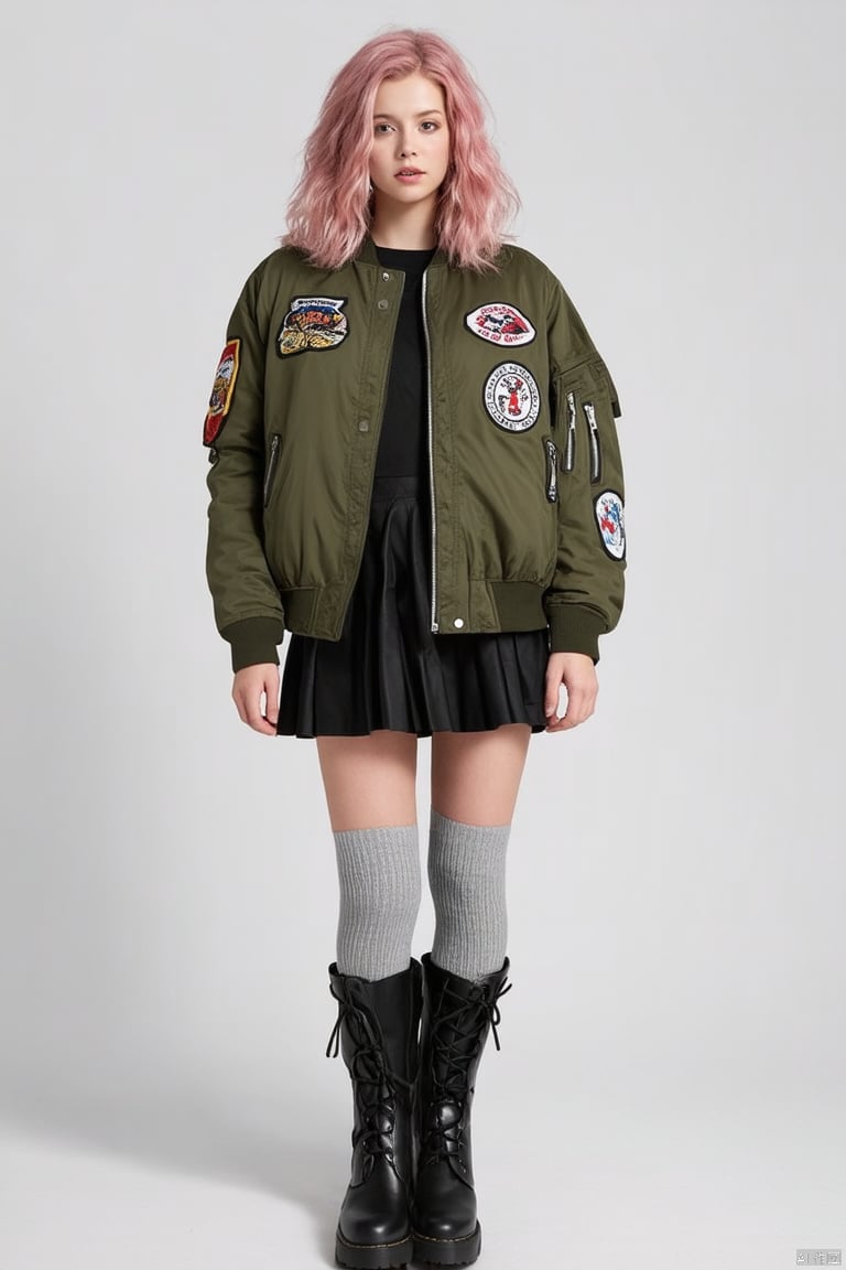 The image features a young woman standing against a plain,light background which helps to highlight her attire and pose. She has striking pink hair styled in loose waves that frame her face,which bears a serious,contemplative expression. Her outfit consists of a bulky,olive green bomber jacket,a black skirt peeking beneath it,and long,light gray knee-high socks that transition into chunky black combat boots. Her jacket is adorned with various patches and zippers,adding a touch of rugged urban fashion to her look. The contrasting styles—feminine hair and makeup with more masculine and oversized outerwear—create an eye-catching juxtaposition. The soft color palette of her hair and the vivid green of her jacket stand out starkly against the monochrome environment.,