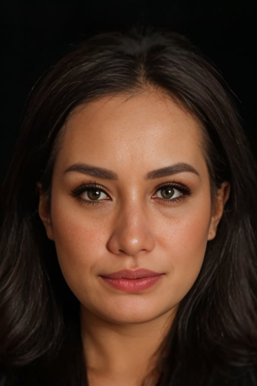 Generate hyper realistic image of a portrait of woman ,(25 years old),smile,(eye contact:1.3),(intense stare:1.3),on a (plain black background:1.2),(headshot:1.2),(face focus:1.1),(facing the camera:1.2),head in the centre,slight smile but sad,(facing straightforward:1.2),(forward facing:1.1),face focus,f1.4,40mm,photorealistic,raw,8k,skin pores,dried-up,textured skin,intricate details,dramatic light,award winning,Strong emotional expression,depth of field,blurry,Bokeh,by Nori Inoguchi,Masterpiece