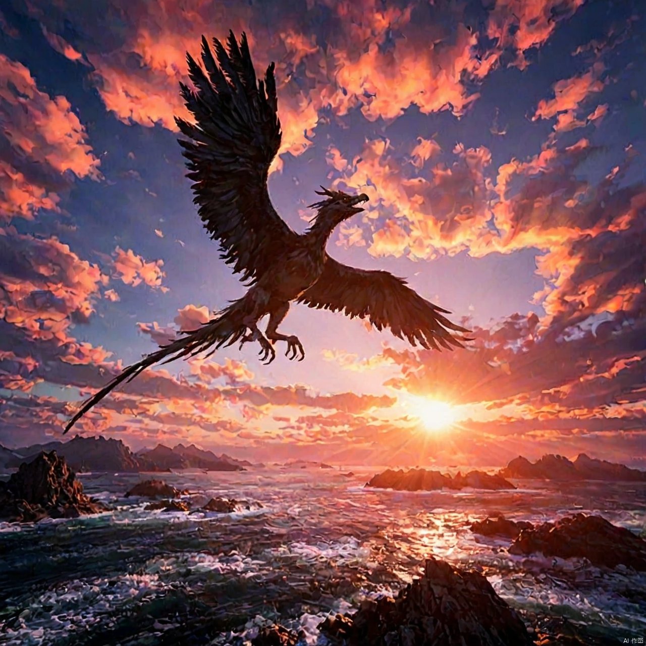 The divine bird (Jingwei Fuhai in Eastern mythology) ,(with stone in the mouth: 1.5) flies to the sea, masterpiece, official art is extremely exquisite, CG unified 8k wallpaper, sunrise, gorgeous morning light, distant Jinshan, soaring in the clouds, vast sea, (turbulence: 1.2), the sea shines with golden and red light, dazzling light, Chinese mythology, sea, fairyland divine bird, the rising sun constitutes an intoxicating beauty. The divine bird clouds the national wind BJ_divine beast (no one: 1.2),3A