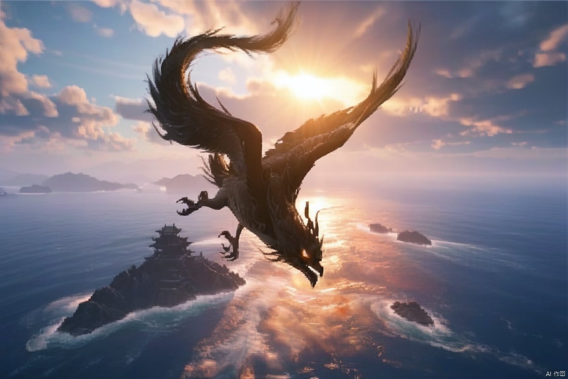 The divine bird (Jingwei Fuhai in Eastern mythology) ,(with stone in the mouth: 1.5) flies to the sea, masterpiece, official art is extremely exquisite, CG unified 8k wallpaper, sunrise, gorgeous morning light, distant Jinshan, soaring in the clouds, vast sea, (turbulence: 1.2), the sea shines with golden and red light, dazzling light, Chinese mythology, sea, fairyland divine bird, the rising sun constitutes an intoxicating beauty. The divine bird clouds the national wind BJ_divine beast (no one: 1.2),3A