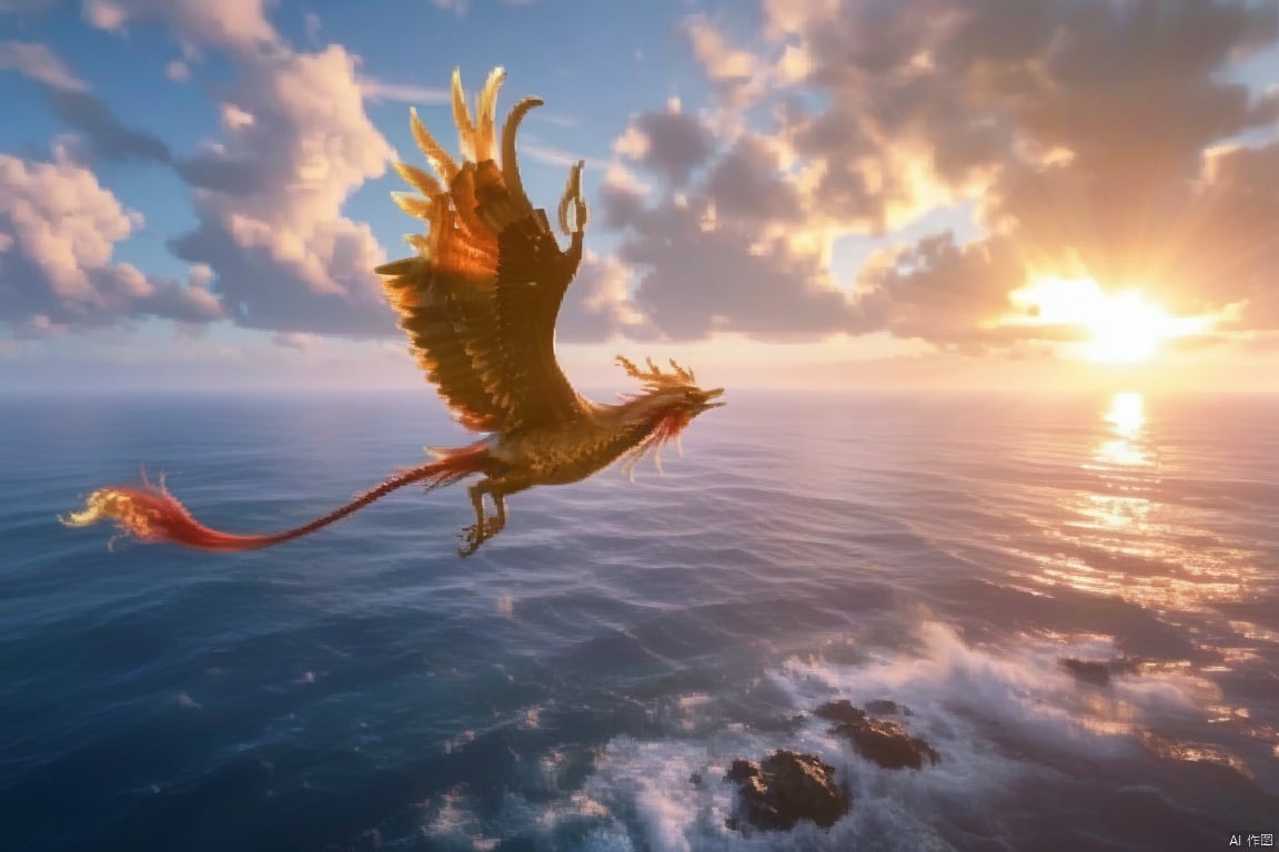 The divine bird (Jingwei Fuhai in Eastern mythology) ,(with stone in the mouth: 1.5) flies to the sea, masterpiece, official art is extremely exquisite, CG unified 8k wallpaper, sunrise, gorgeous morning light, distant Jinshan, soaring in the clouds, vast sea, (turbulence: 1.2), the sea shines with golden and red light, dazzling light, Chinese mythology, sea, fairyland divine bird, the rising sun constitutes an intoxicating beauty. The divine bird clouds the national wind BJ_divine beast (no one: 1.2),3A