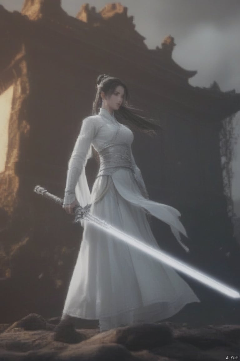 A young Chinese warrior maiden, 18 years old, stands proudly on ancient city walls at night, her radiant eyes shining like stars. She wields a glowing longsword, its luminescent blade slicing through the darkness. Her snowy-white attire flows in the wind, framing her fearless expression. The city's stone architecture rises behind her, bathed in a warm, cinematic glow. The camera captures every detail with stunning clarity, as if frozen in time.3A