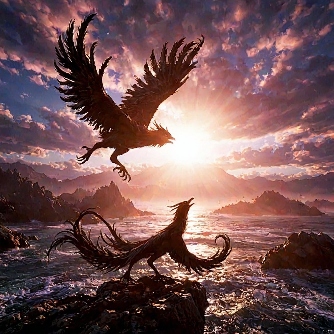 The divine bird (Jingwei Fuhai in Eastern mythology) ,(with stone in the mouth: 1.5) flies to the sea, masterpiece, official art is extremely exquisite, CG unified 8k wallpaper, sunrise, gorgeous morning light, distant Jinshan, soaring in the clouds, vast sea, (turbulence: 1.2), the sea shines with golden and red light, dazzling light, Chinese mythology, sea, fairyland divine bird, the rising sun constitutes an intoxicating beauty. The divine bird clouds the national wind BJ_divine beast (no one: 1.2),3A