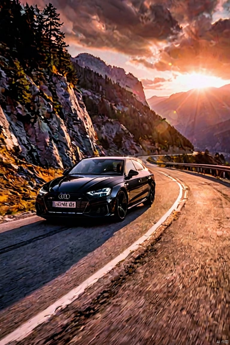 A sleek black 3A Audi A4 sedan drives down a winding mountain road at sunset, the golden light casting long shadows behind it. The car's matte finish glistens in the fading light as it navigates the twists and turns of the mountainous terrain.3A