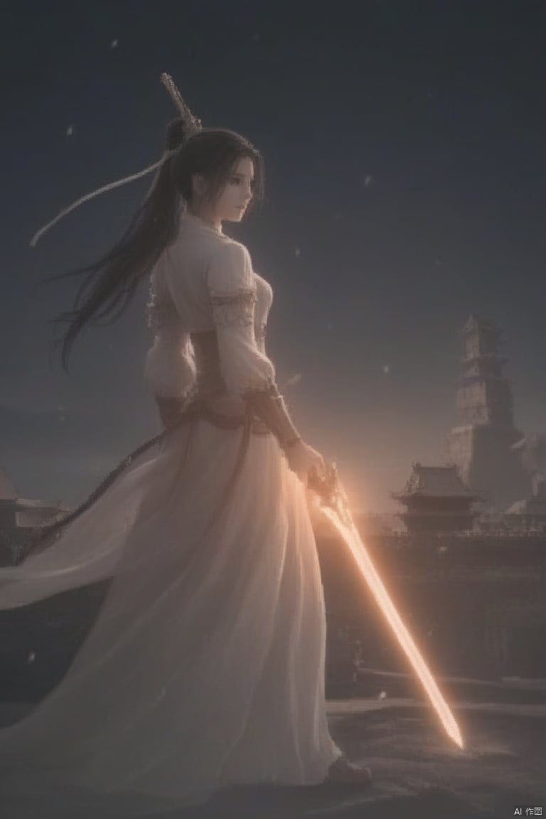 A young Chinese warrior maiden, 18 years old, stands proudly on ancient city walls at night, her radiant eyes shining like stars. She wields a glowing longsword, its luminescent blade slicing through the darkness. Her snowy-white attire flows in the wind, framing her fearless expression. The city's stone architecture rises behind her, bathed in a warm, cinematic glow. The camera captures every detail with stunning clarity, as if frozen in time.3A