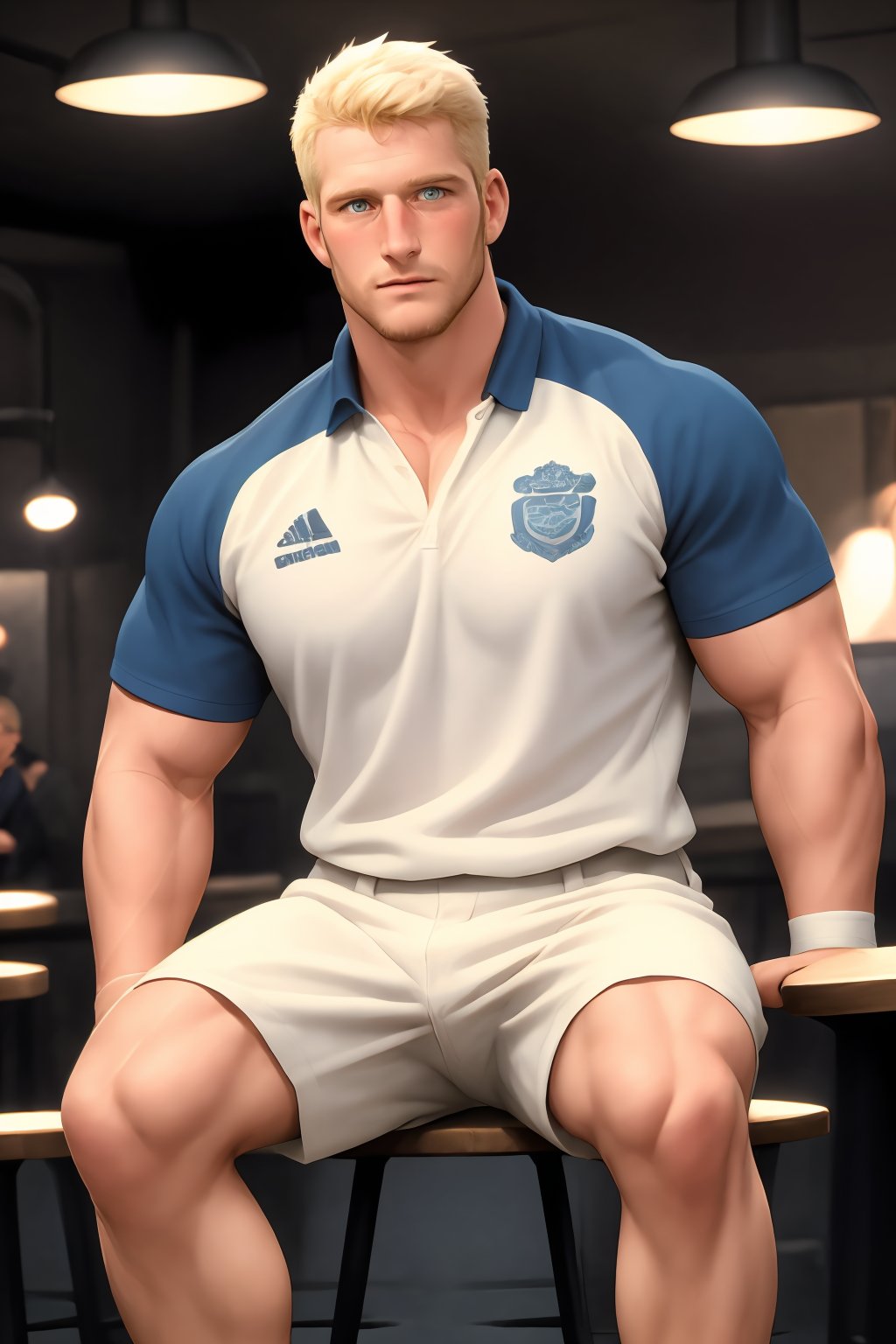 muscular Ryder, a rugged individual with blonde facial hair and short hair, sits proudly at the pub, surrounded by the warm glow of golden lighting. His rugby shirt and shorts are perfectly rendered in exquisite detail, as if seen through a high-definition lens. Faded team mates mingle softly in the background, their faces blurred to emphasize Ryder's central presence. The matte finish enhances the overall realism, inviting viewers to step into this epic scene.