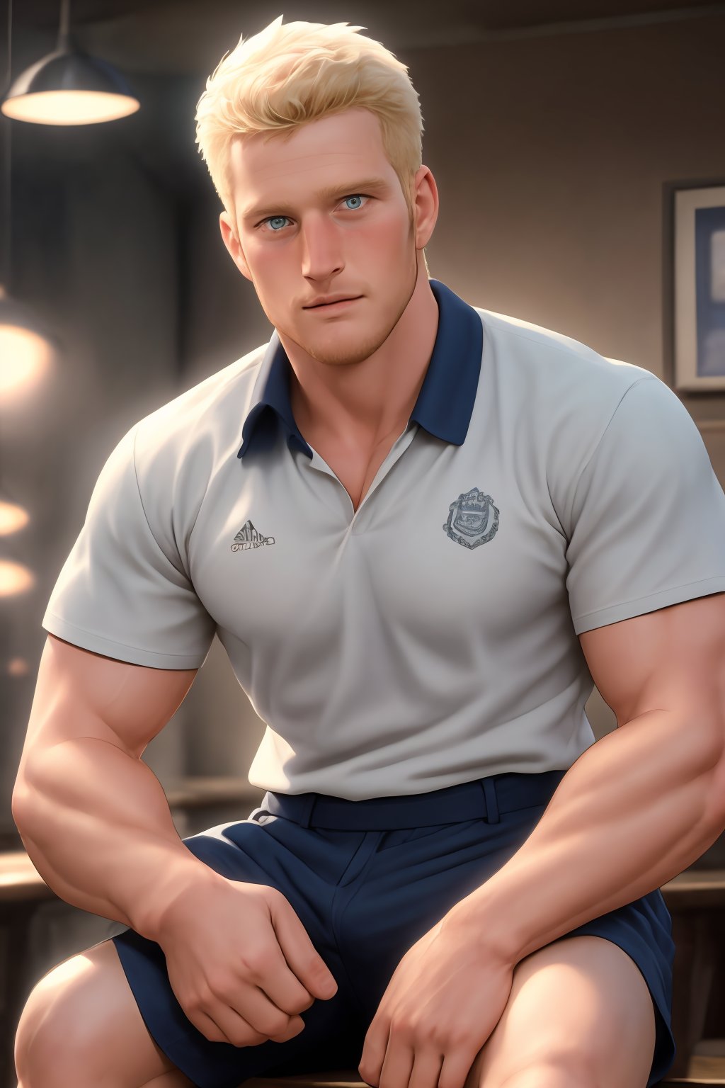 Ryder, a rugged individual with blonde facial hair and short hair, sits proudly at the pub, surrounded by the warm glow of golden lighting. His rugby shirt and shorts are perfectly rendered in exquisite detail, as if seen through a high-definition lens. Faded team mates mingle softly in the background, their faces blurred to emphasize Ryder's central presence. The matte finish enhances the overall realism, inviting viewers to step into this epic scene.