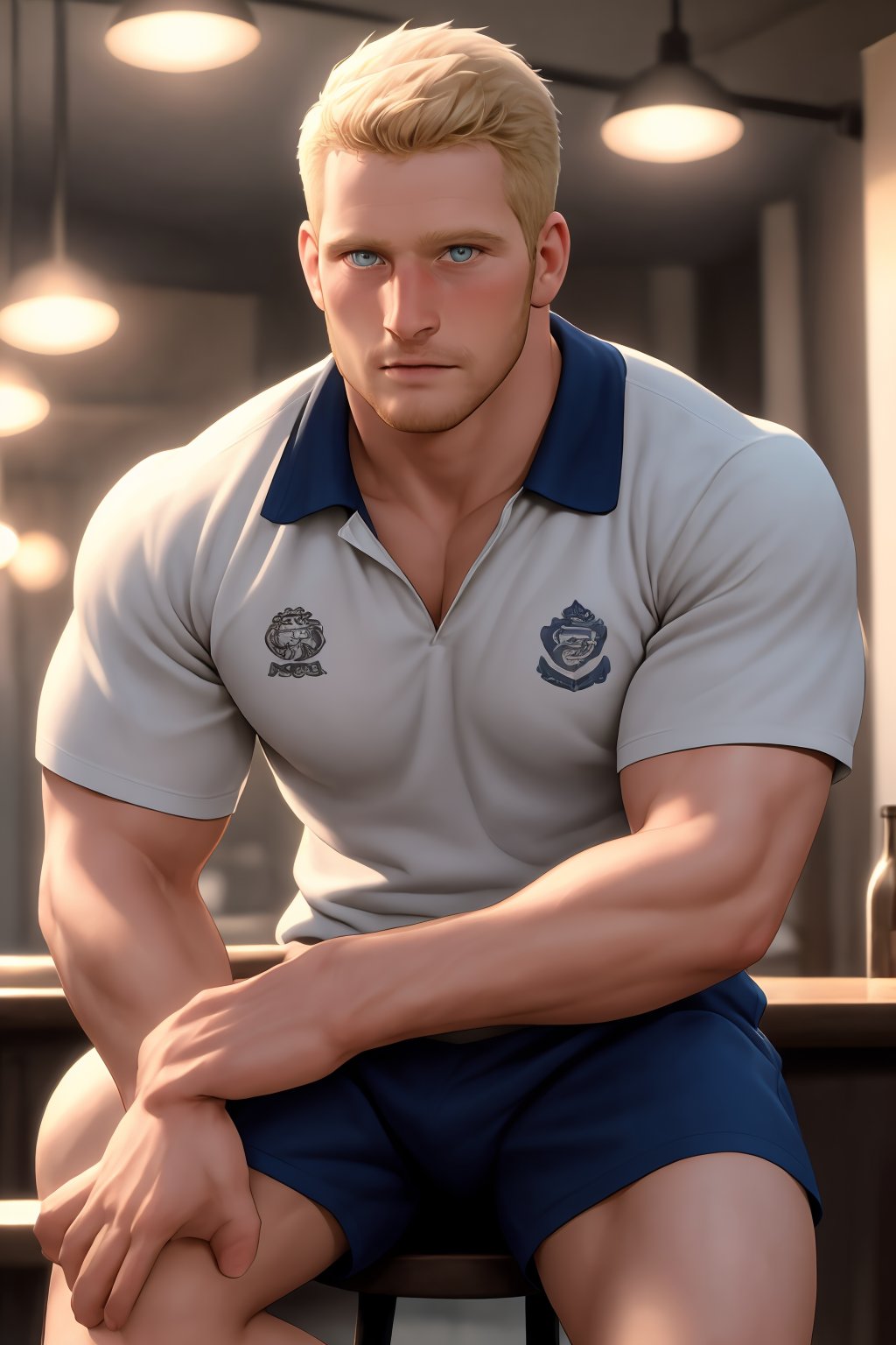 muscular Ryder, a rugged individual with blonde facial hair and short hair, sits proudly at the pub, surrounded by the warm glow of golden lighting. His rugby shirt and shorts are perfectly rendered in exquisite detail, as if seen through a high-definition lens. Faded team mates mingle softly in the background, their faces blurred to emphasize Ryder's central presence. The matte finish enhances the overall realism, inviting viewers to step into this epic scene.