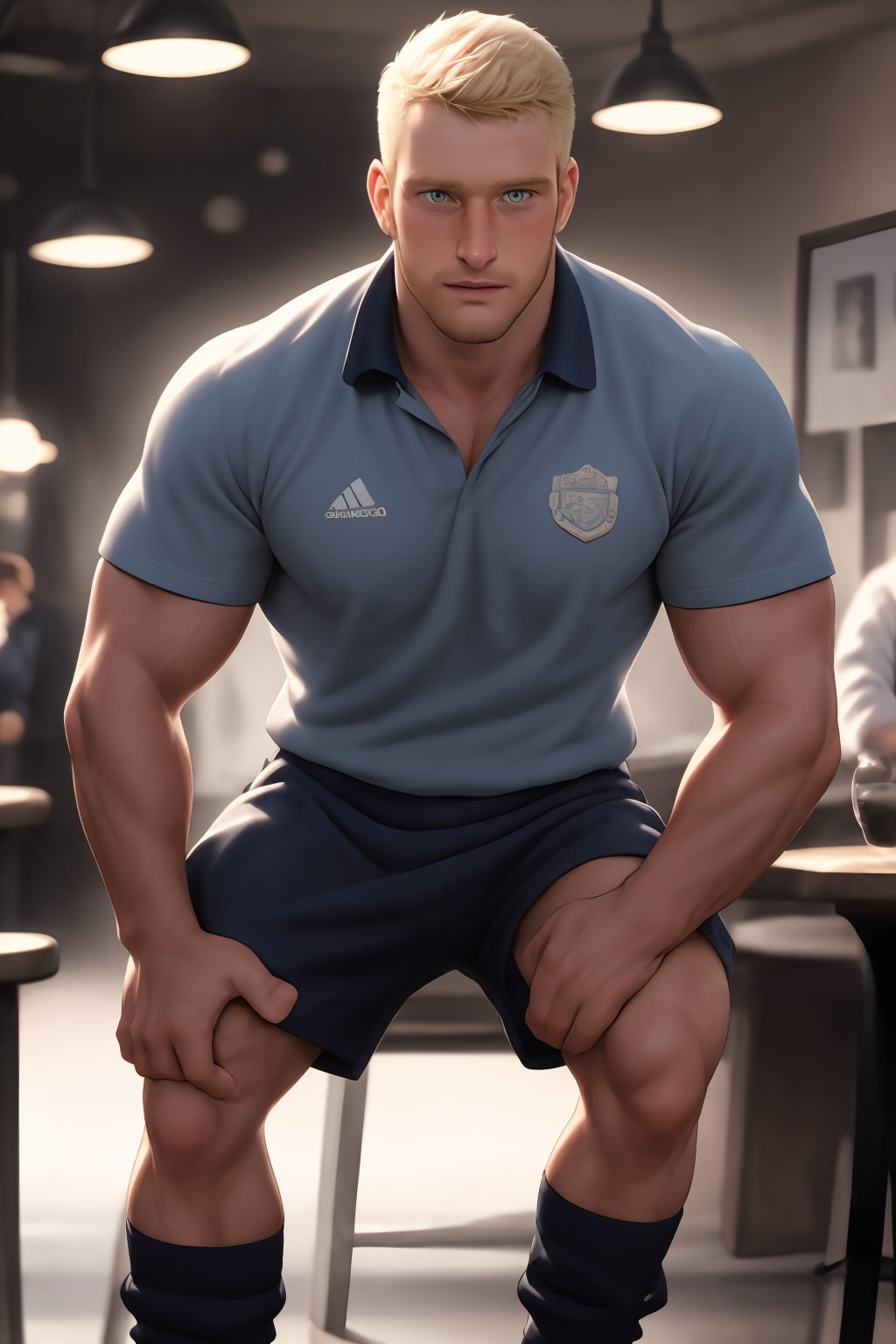 Ryder, a rugged individual with blonde facial hair and short hair, sits proudly at the pub, surrounded by the warm glow of golden lighting. His rugby shirt and shorts are perfectly rendered in exquisite detail, as if seen through a high-definition lens. Faded team mates mingle softly in the background, their faces blurred to emphasize Ryder's central presence. The matte finish enhances the overall realism, inviting viewers to step into this epic scene.