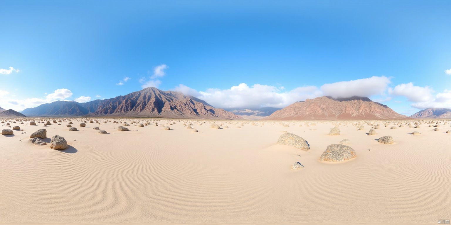 360,360panorama,Blue sky and white clouds, with bright colors,Sony camera shooting
desert landscape with mountains in the background. The sky is blue with some clouds. The desert is sandy with some rocks scattered around. The mountains are rocky and have some fog around them. The image is in a realistic style and is sharp. 