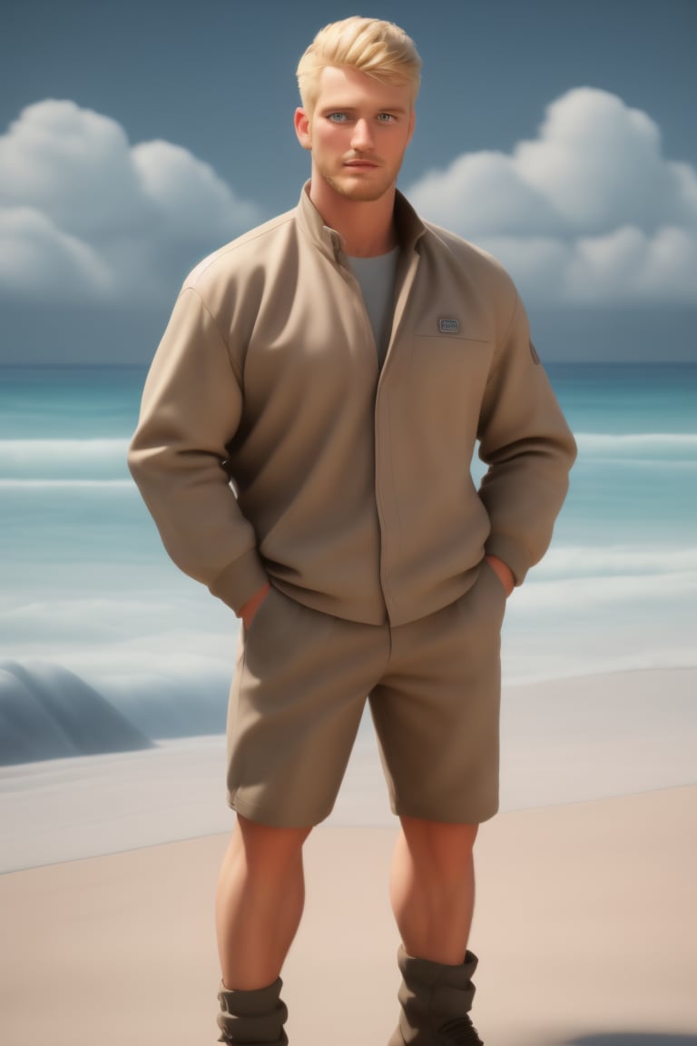 his name is ryder, firm focused on ryder he is a realistic well-drawn masculine muscular English man, symmetric intricate male head face blueyes facialhair hair skin, blonde hair, blonde beard, dynamic pose, wearing well-rendered fully-clothed masculine male military jacket on, undershirt on, male shorts on, socks on, masculine large sneakers on, vibrant, vivid, creative, outdoors, tropical beach landscape in background, depth of field, highres image scan, best quality, associated press, uhd, exceptional masterpiece, professional photo, matte,HIGHLY DETAILED