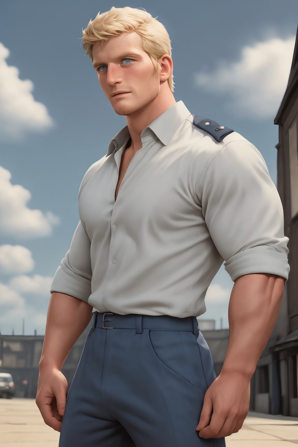 Ryder, the handsome English policeman, stands confidently outdoors in London, his bright blue eyes gazing directly into the camera. His short, blonde hair is perfectly messy, and his facial hair adds a touch of rugged charm. He wears a crisp policeman uniform, complete with a firm-fitting shirt, belted waist, and black trousers that accentuate his muscular physique. The beautiful London sky serves as a stunning backdrop, with vibrant hues of blue and grey blending seamlessly together. In high-definition, Ryder's figure is rendered in exquisite detail, his expression one of focus and authority. The matte finish adds a touch of sophistication to this original masterpiece, inviting the viewer to step into the scene.