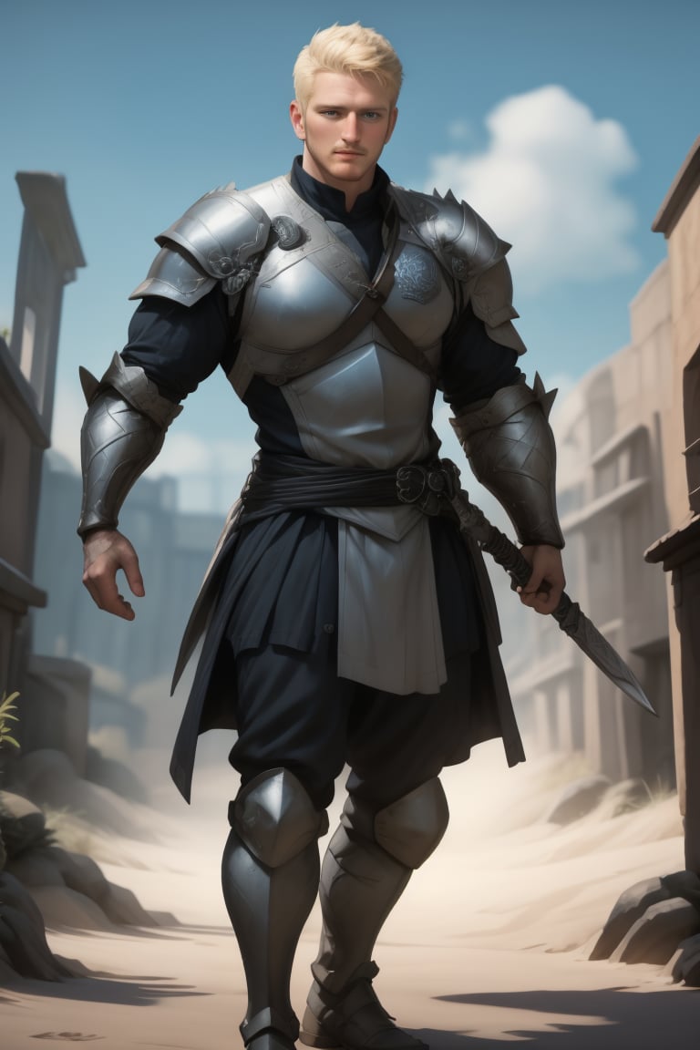 his name is ryder, he is a muscular large towering brave English knight, wearing well-rendered fully-clothed masculine knightwear full armored, knight armored pants on, large knight boots on, dynamic pose, holding sword, wielding sword, realistic wielding sword movement, uhd, realistic, professional photo, entertaining, highres, BEST QUALITY, vibrant, faded fantasy landscape, exceptional fantastic realism masterpiece, rendered in Unreal Engine, ray-tracing reflections,