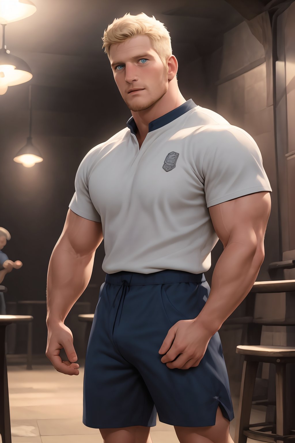  muscular Ryder, a rugged individual with blonde facial hair and short hair, sits proudly at the pub, surrounded by the warm glow of golden lighting. His rugby shirt and shorts are perfectly rendered in exquisite detail, as if seen through a high-definition lens. Faded team mates mingle softly in the background, their faces blurred to emphasize Ryder's central presence. The matte finish enhances the overall realism, inviting viewers to step into this epic scene.