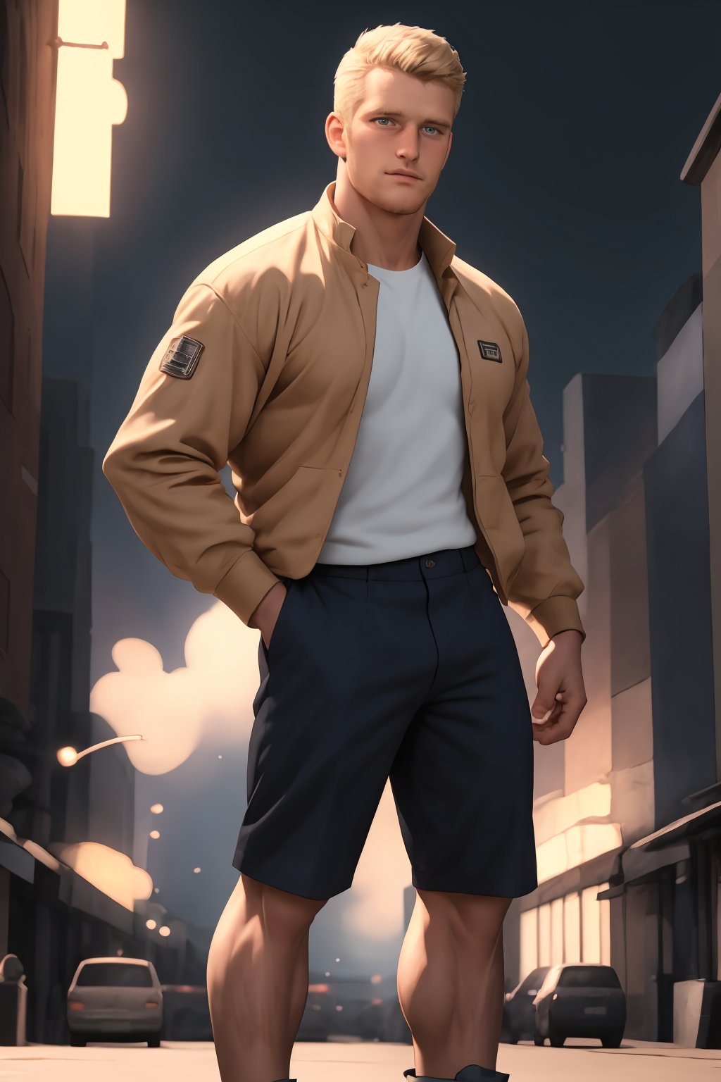 Ryder stands confidently against a rustic wooden backdrop, his blonde facial hair and short hair perfectly groomed. He wears an open military-style jacket, showcasing his toned physique beneath a black undershirt. Baggy shorts and athletic socks complement his rugged sneakers, giving off a relaxed yet athletic vibe. The cinematic lighting accentuates his features, casting a warm glow on the scene. In high-definition, Ryder's pose exudes a sense of strength and masculinity, as if he's about to embark on an adventure. The camera captures every detail with exceptional clarity, resulting in a breathtakingly realistic image that appears almost three-dimensional.