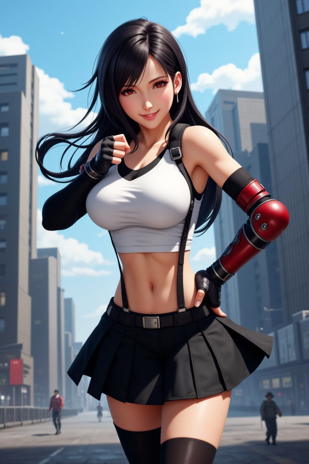 Fighting stance , Smile , black skirt  , thighhighs , elbow gloves , fingerless glove ,  elbow armor , 
Ultra detailed , 
TifaLockhart, black hair  , White tanktop , 
 , in futuristic  city , SciFi , 
Ps5 
