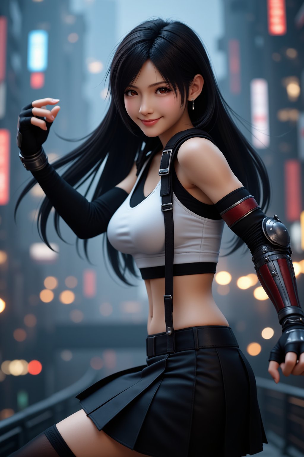 Fighting stance , Smile , black skirt  , thighhighs , elbow gloves , fingerless glove ,  elbow armor , 
Ultra detailed , 
TifaLockhart, black hair  , White tanktop , 
 , in futuristic  city , SciFi , Action scene , cinematic angnle , 
Ps5 
