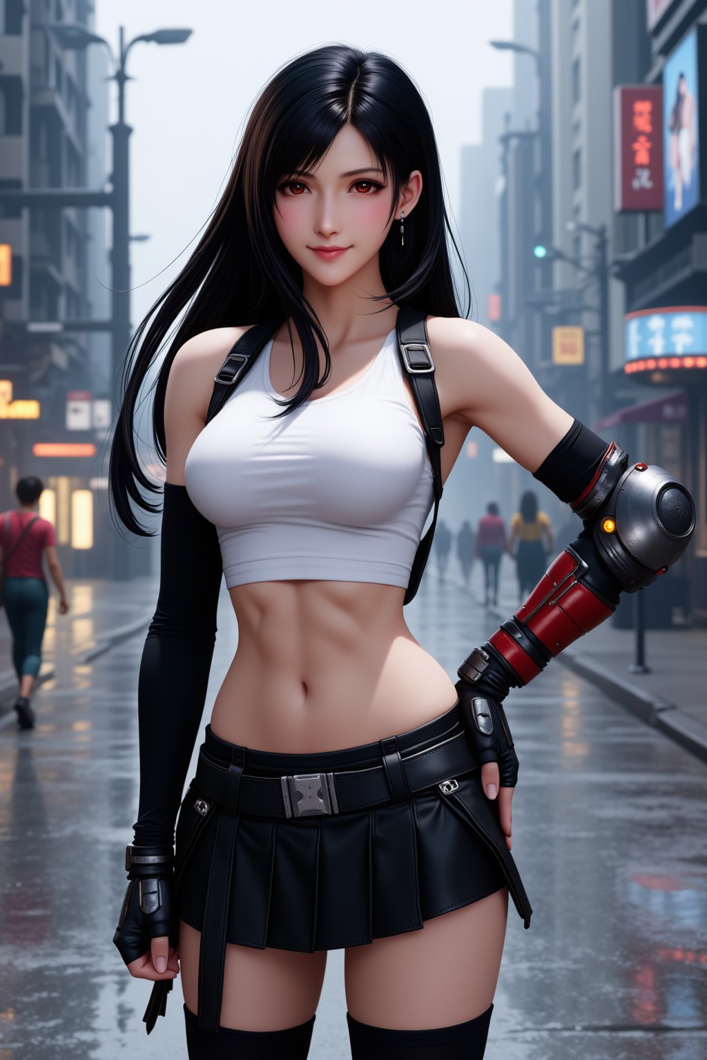 Smile , black skirt  , thighhighs , elbow gloves , fingerless glove ,  elbow armor , 
Ultra detailed , 
TifaLockhart, black hair  , White tanktop , 
 , in futuristic  city , SciFi , 
Ps5 
