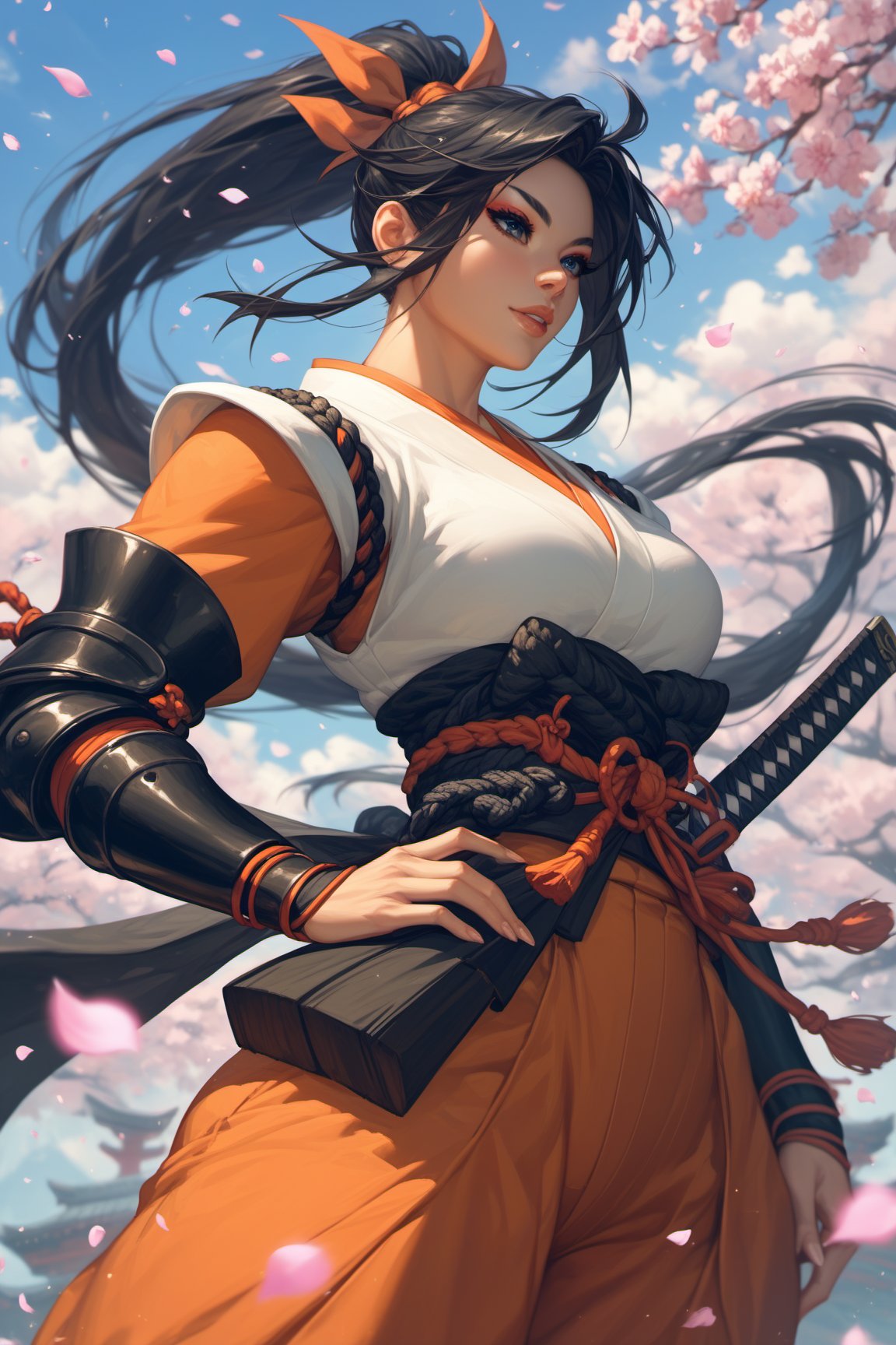 score_9, score_8_up, score_7_up, sexy girl, solo, makeup, long ponytail, black hair, samurai, samurai armor, fully clothed, thin waist, huge hip, clear_sky, sakura_petals, subsurface scattering 