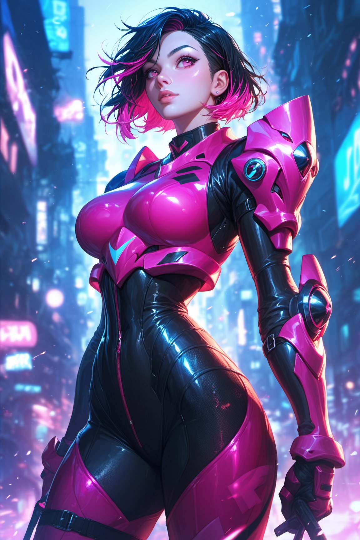 score_9, score_8_up, score_7_up, 1girl, solo, two-tone hair, short hair, neon hair, pink_eyes, black hair, thin waist, huge hip. black_battle suit, Armor. city, night,