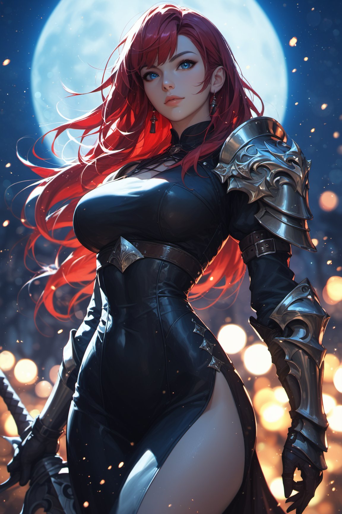 score_9, score_8_up, score_7_up, warrior girl, solo, fantasy character, red long hair, blue eyes, asymmetric_bangs, black dress, black Armor, looking at viewer, moon, light particles, night, bokeh, thin waist, huge hip,