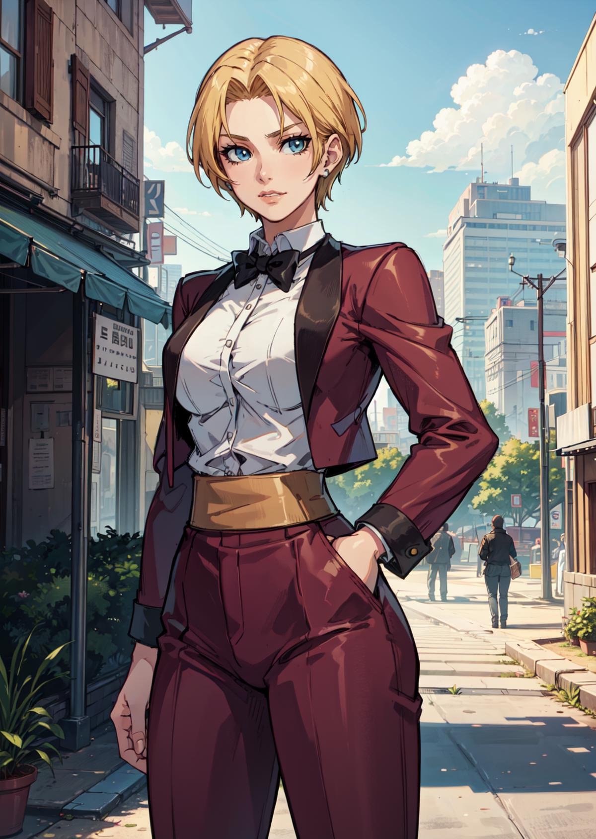 <lora:King2000_t8-000023:1.0> KOFKing girl wearing KOF2kOutfit, standing,best quality, city, outdoors, park