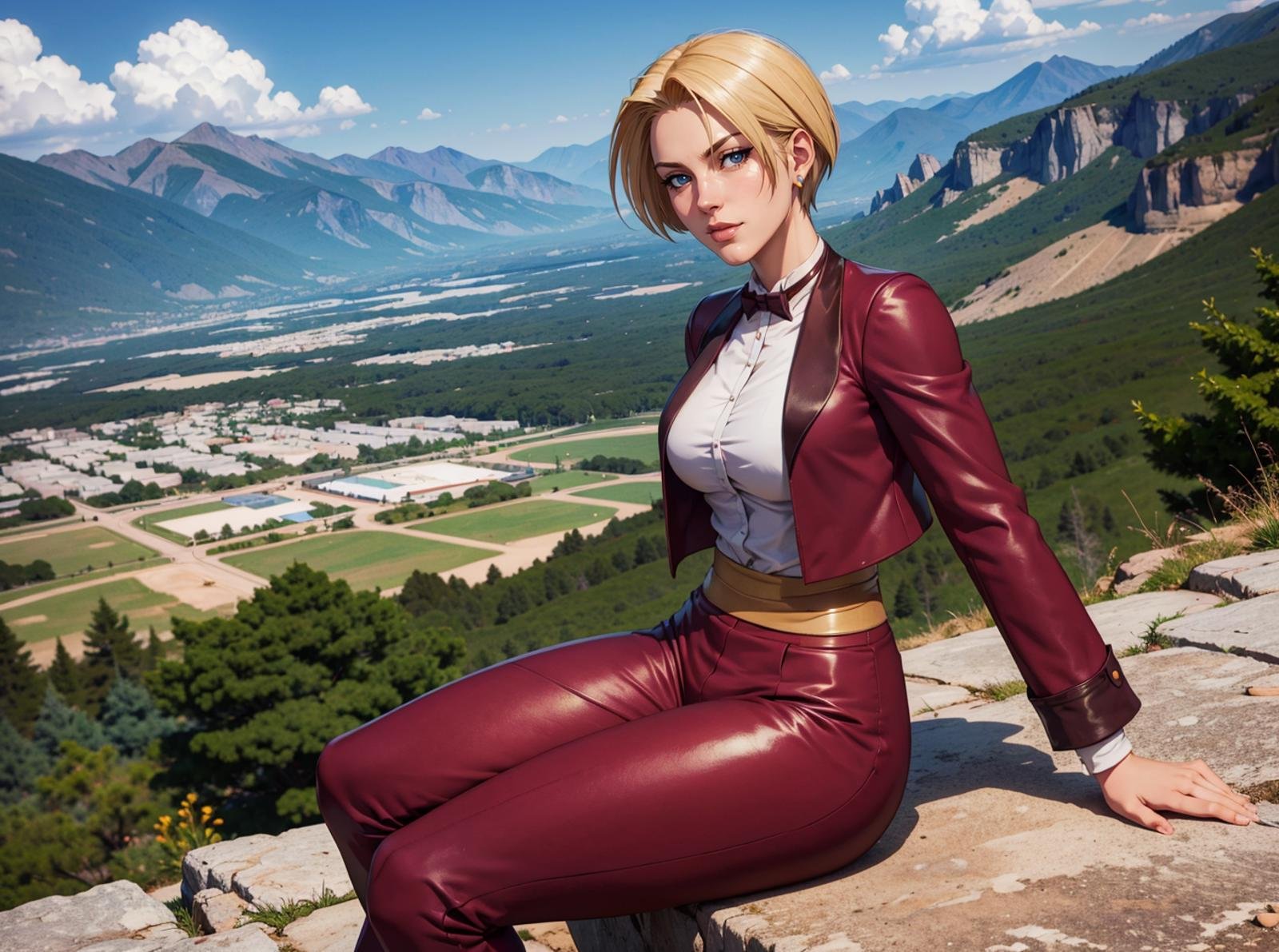 <lora:King2000_t8-000023:1.0> KOFKing girl wearing KOF2kOutfit,best quality, mountain, sitting, seductive pose, great view, vista, depth of field