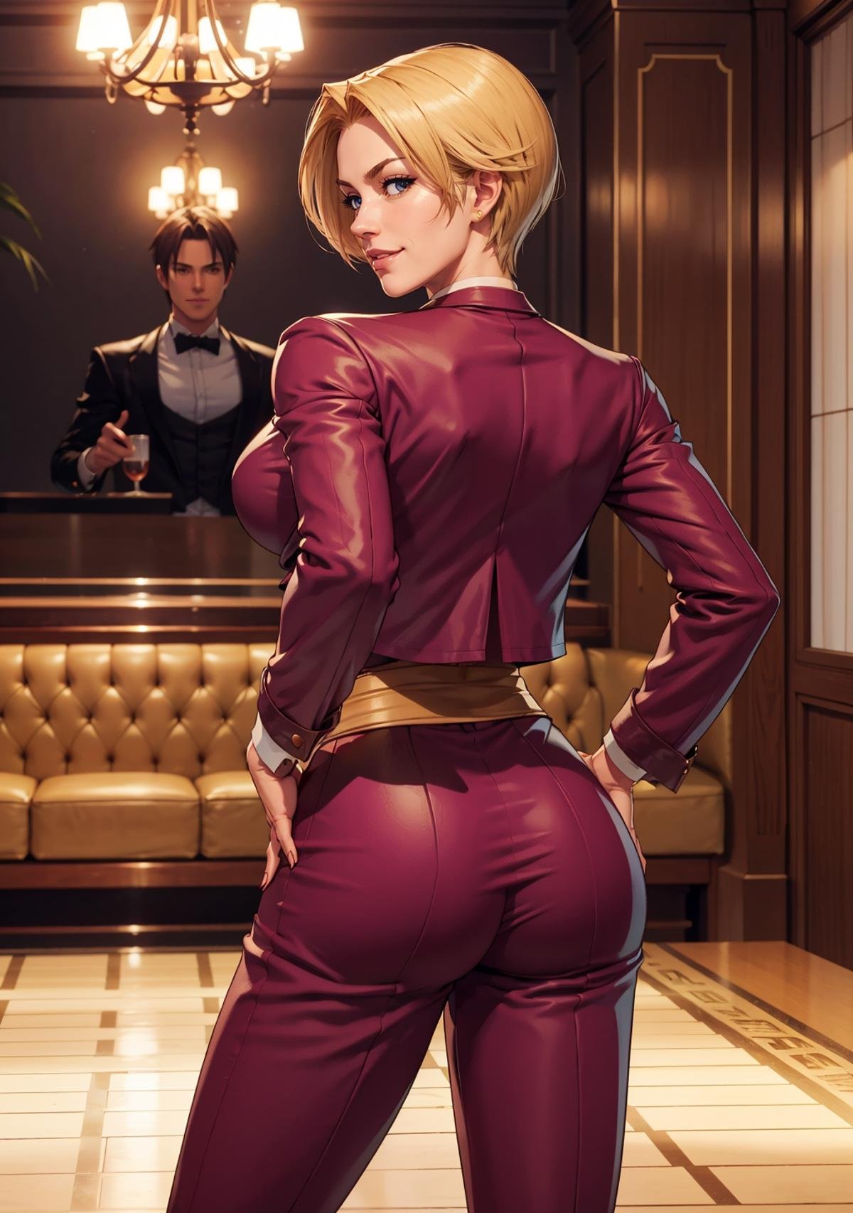 <lora:King2000_t8-000023:1.0> KOFKing girl wearing KOF2kOutfit,best quality, restaurant, indoors, depth of field, from behind, hands on hips, seductive pose, standing, smile