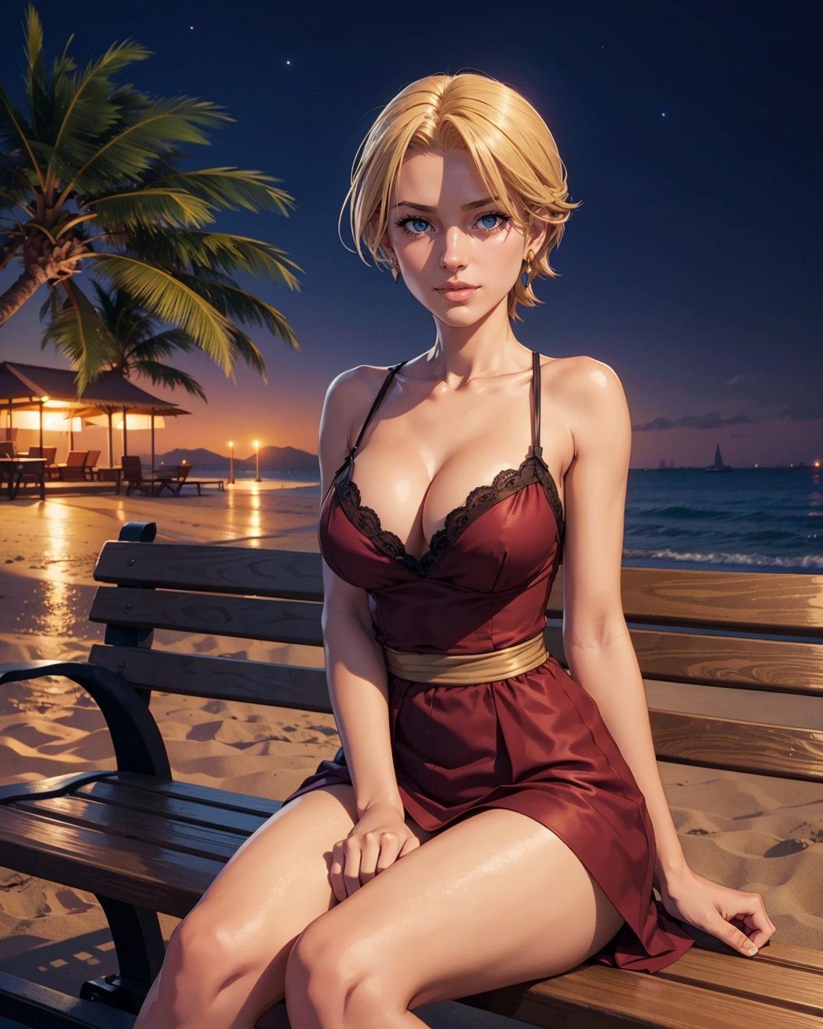 (silhouette:1.0), <lora:King2000_t8-000023:1.0> KOFKing girl wearing KOF2kOutfit, summer dress, cleavage, sitting on bench,best quality, midnight, beach,