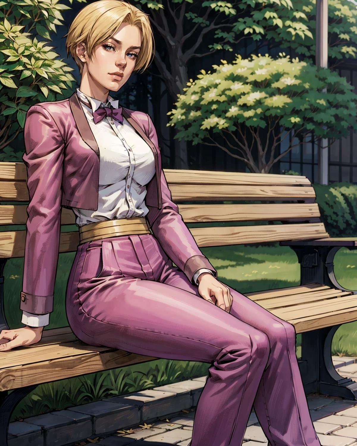 <lora:King2000_t8-000023:1.0> KOFKing girl wearing KOF2kOutfit, sitting on bench,best quality, city park,,<lora:PencilSketch:0.75> pencilsketch