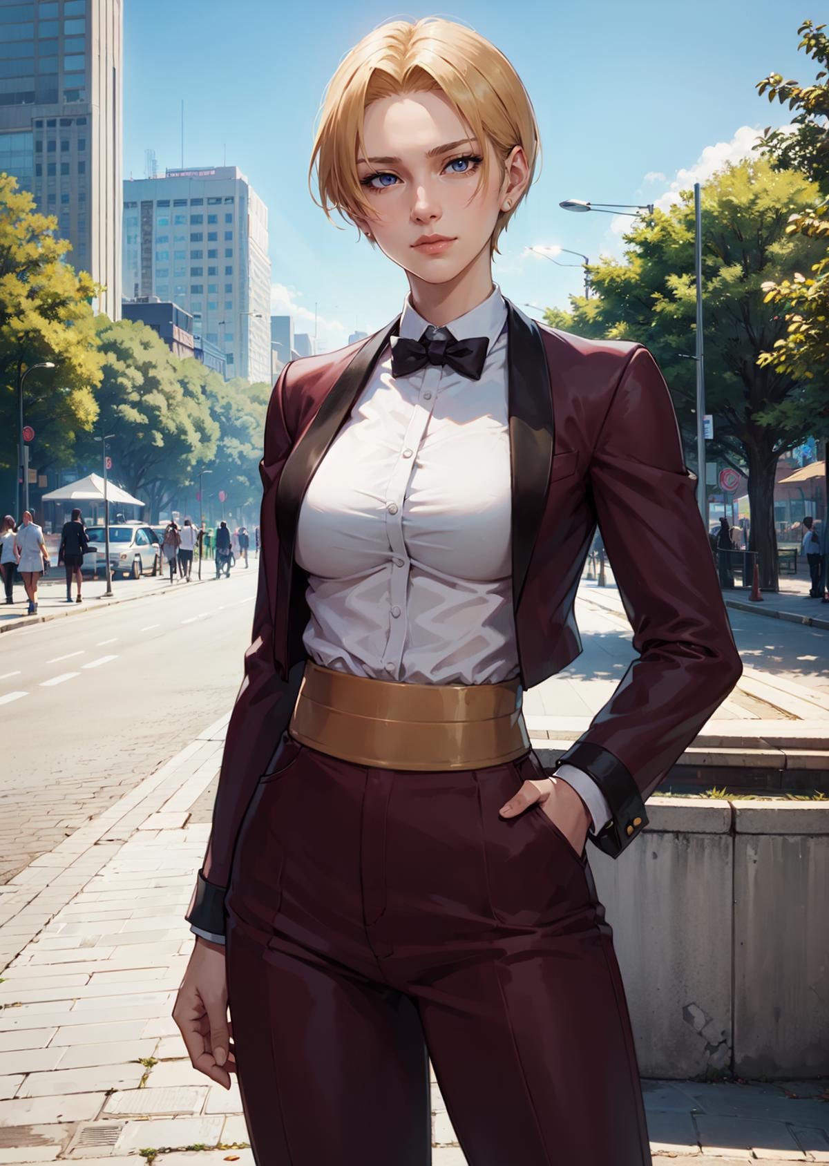 <lora:King2000_t8-000023:1.0> KOFKing girl wearing KOF2kOutfit, standing,best quality, city park, outdoors