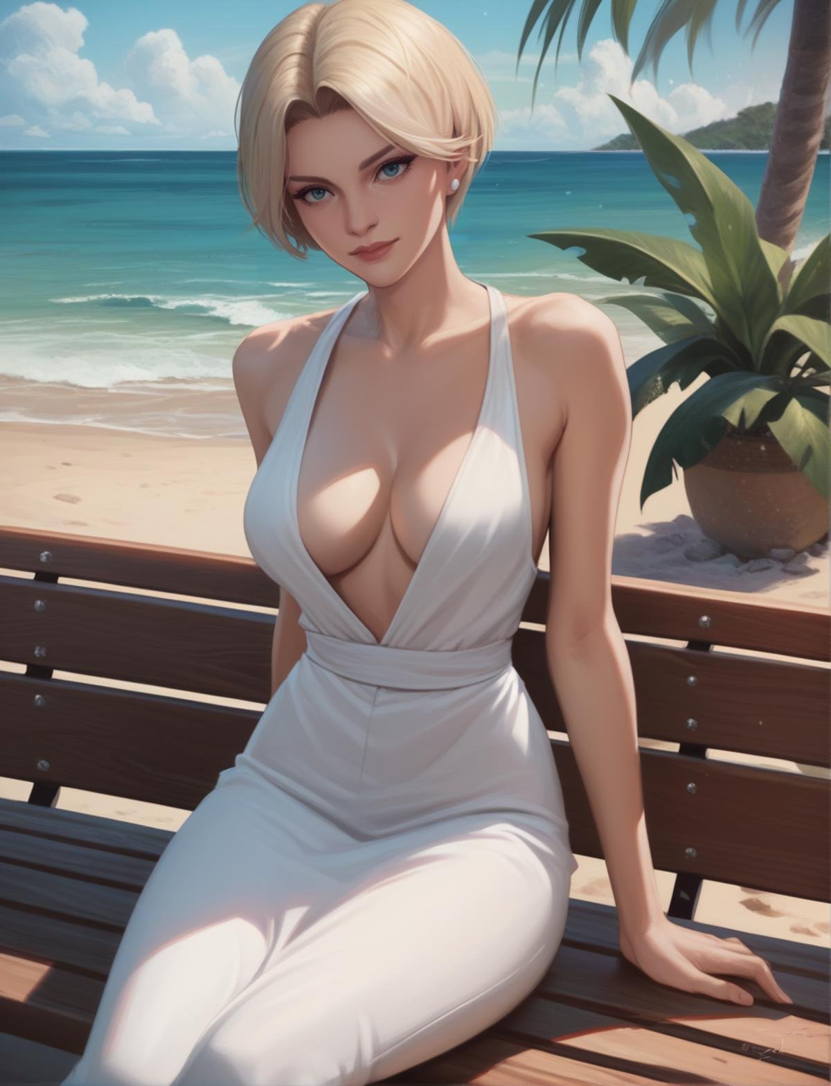 closeup, realistic, score_9, score_8_up, score_7_up, score_6_up, score_5_up, score_4_up, <lora:King2000_t3-000013-128:1.0> 1girl, KOFKing, short blonde hair, large breasts, summer dress, cleavage, sitting on bench, midnight, beach,,