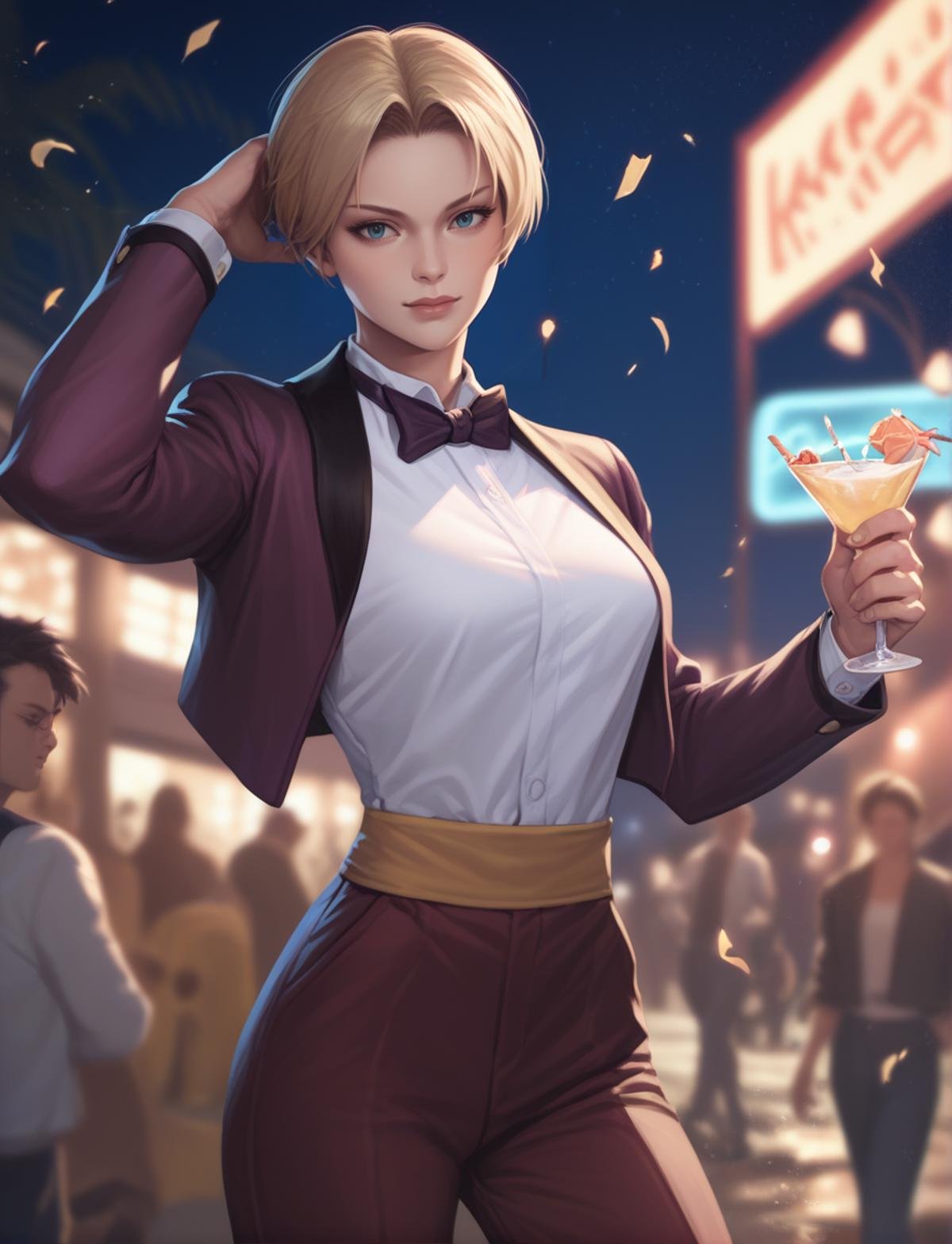 closeup, realistic, score_9, score_8_up, score_7_up, score_6_up, score_5_up, score_4_up, <lora:King2000_t3-000013-128:1.0> 1girl, KOFKing, short blonde hair, large breasts, bowtie, purple cropped jacket,,,outdoors, party, at night, darkness